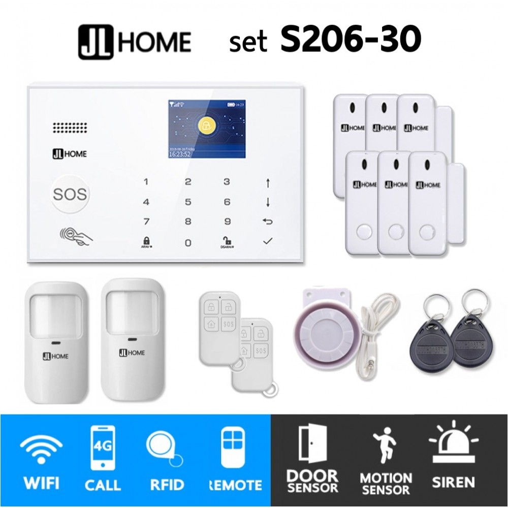 S206-30 ชุดสัญญาณกันขโมยบ้านไร้สายและบ้านอัจฉริยะ แจ้งเตือนผ่านการโทร3G-4G/แอพมือถือWifi/SMS ความเคลื่อนไหว2 ประตู6